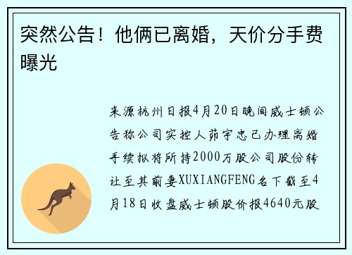 突然公告！他俩已离婚，天价分手费曝光